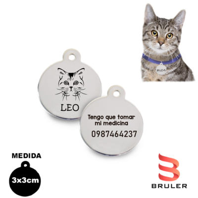 Placa de gato en acero inoxidable plata redonda 3cm