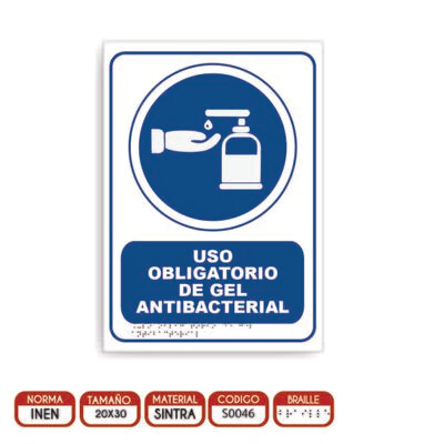 Señalética A4 - Uso obligatorio de gel antibacterial - BRAILLE adicional