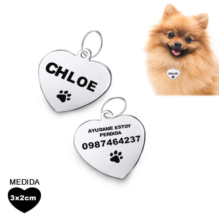 Placa de perro en acero inoxidable plata corazón 3cm