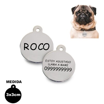 Placa de perro en acero inoxidable plata redonda 3cm