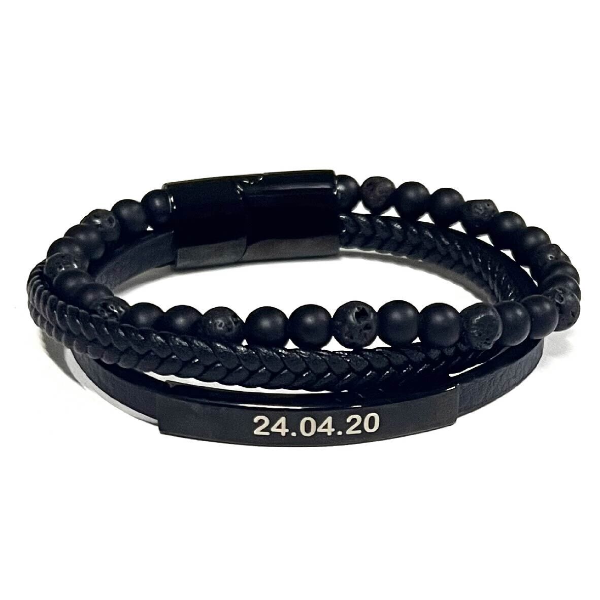 Pulsera roca volcánica y cuero triple