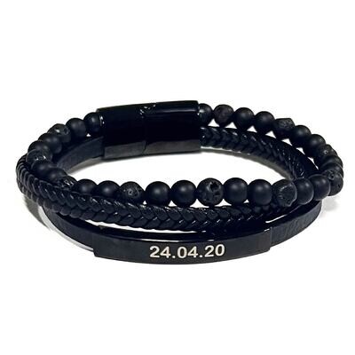 Pulsera roca volcánica y cuero triple