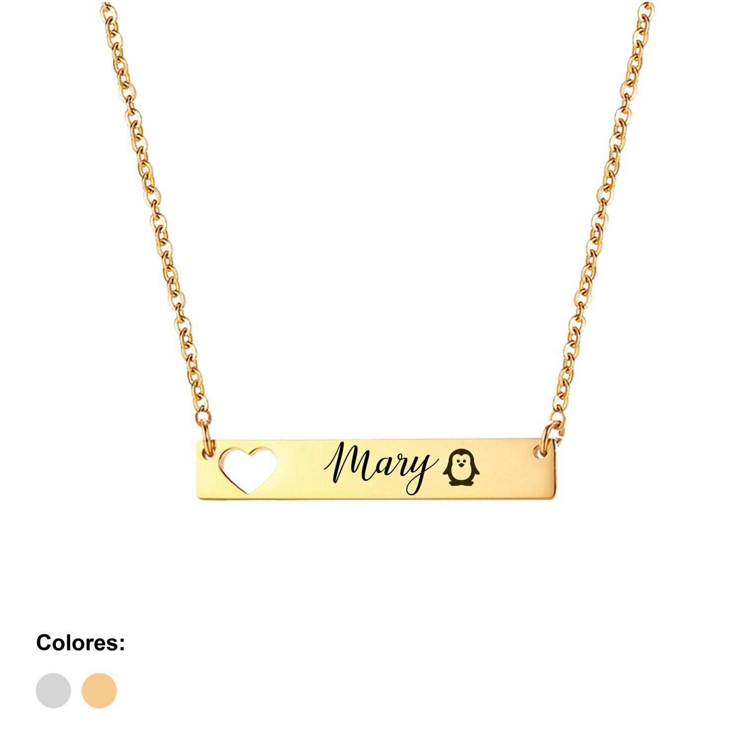 Collar horizontal corazón dorado en acero inoxidable 35x6mm personalizado