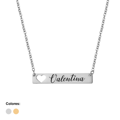 Collar horizontal corazón plateado en acero inoxidable 35x6mm personalizado