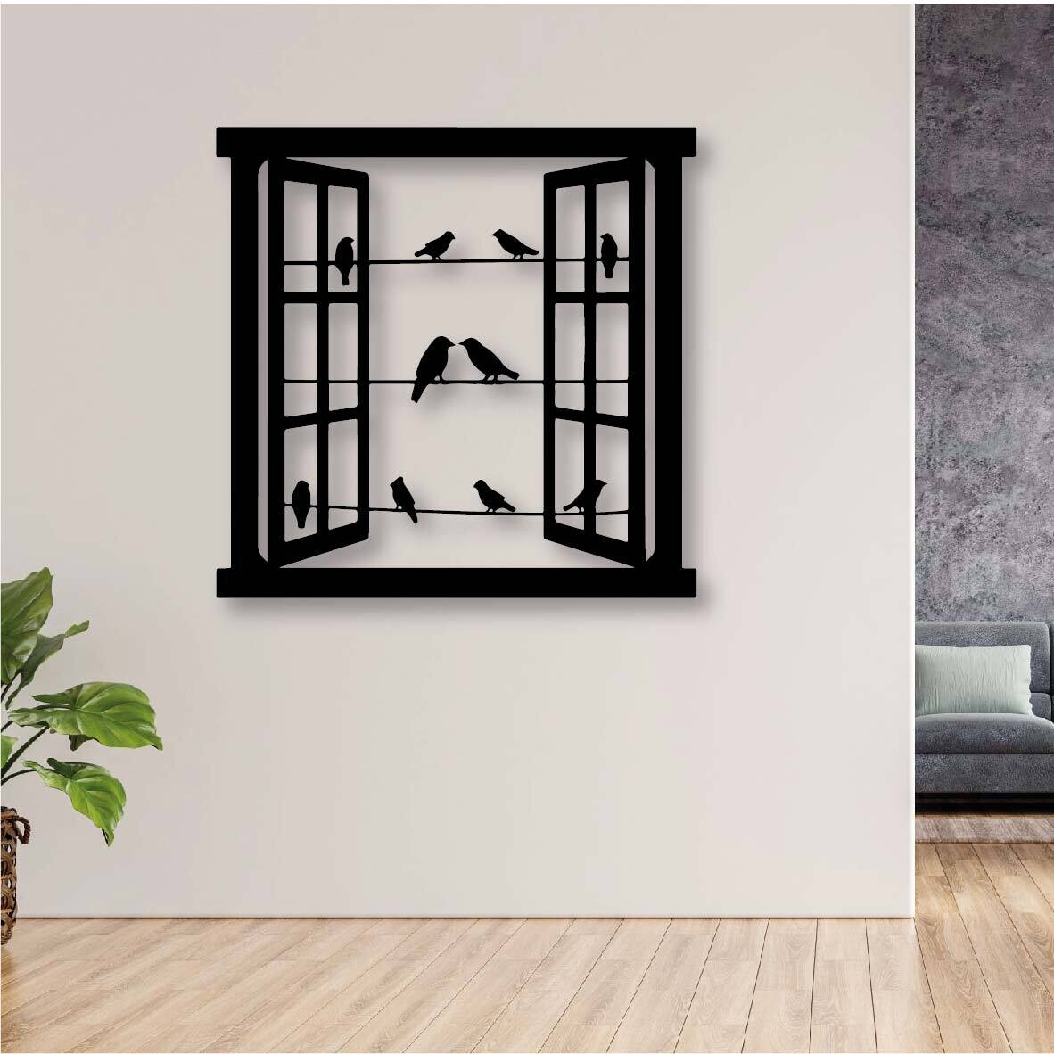 Cuadro ventana con pájaros en metal 1x1m