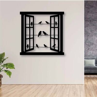 Cuadro ventana con pájaros en metal 1x1m