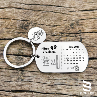 Llavero calendario rectangular grande con círculo plateado