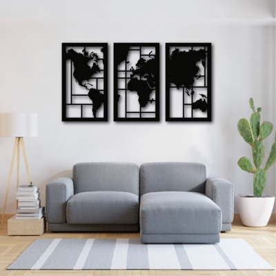Cuadro decorativo mapa mundi x3 piezas 100x53cm