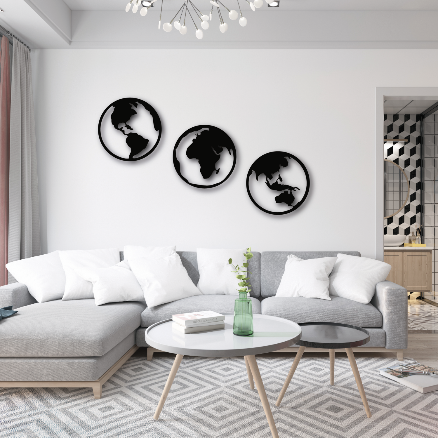 Cuadro decorativo mundo círculos 3 piezas 70cm diámetro