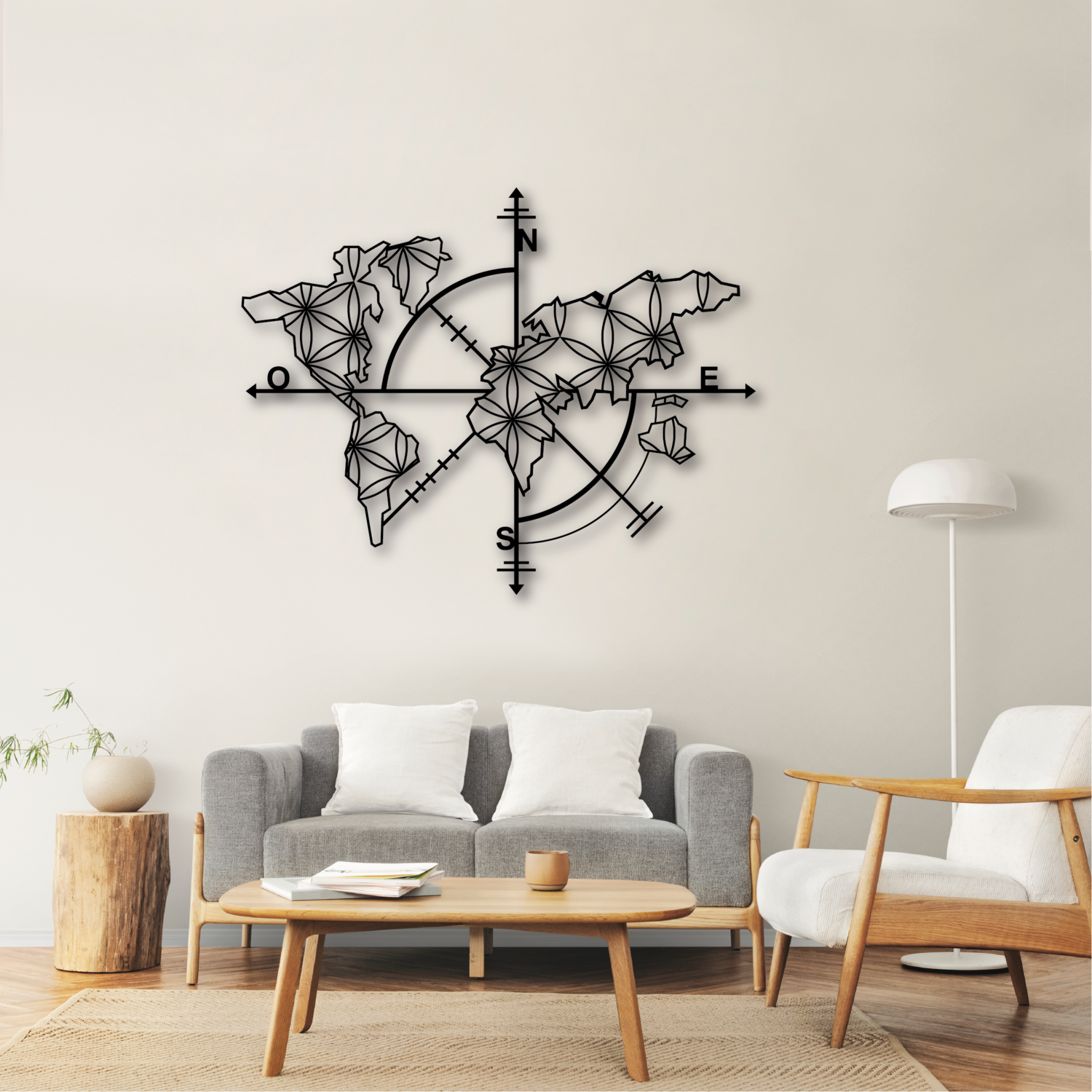 Cuadro decorativo mapa mundi con puntos cardinales  100x80cm