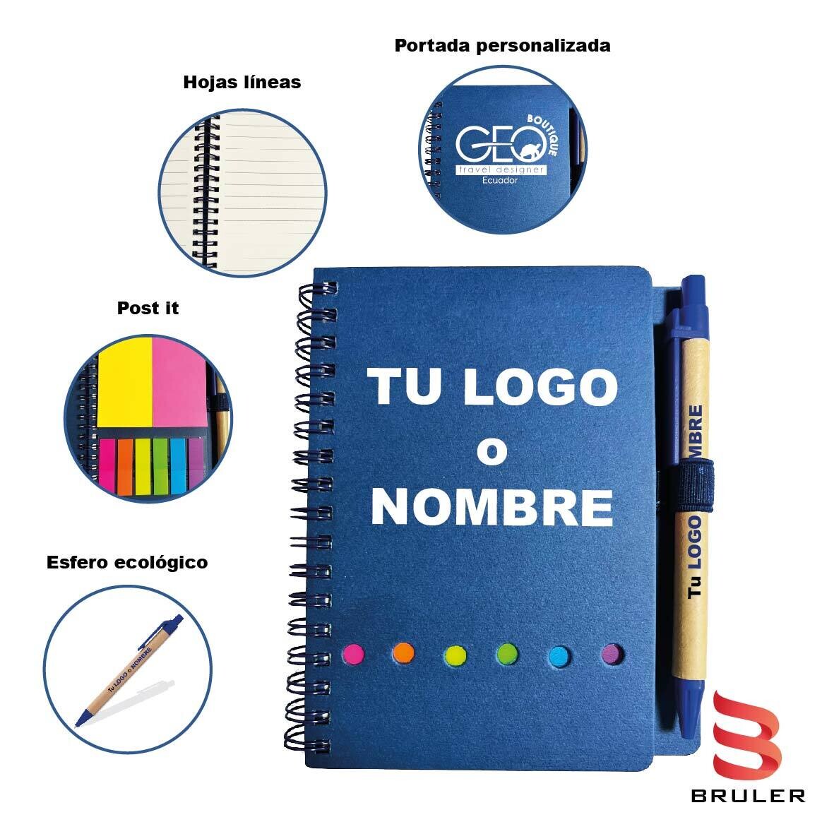 Libreta pasta azul A6 con post it hojas líneas con esfero ecológico azul