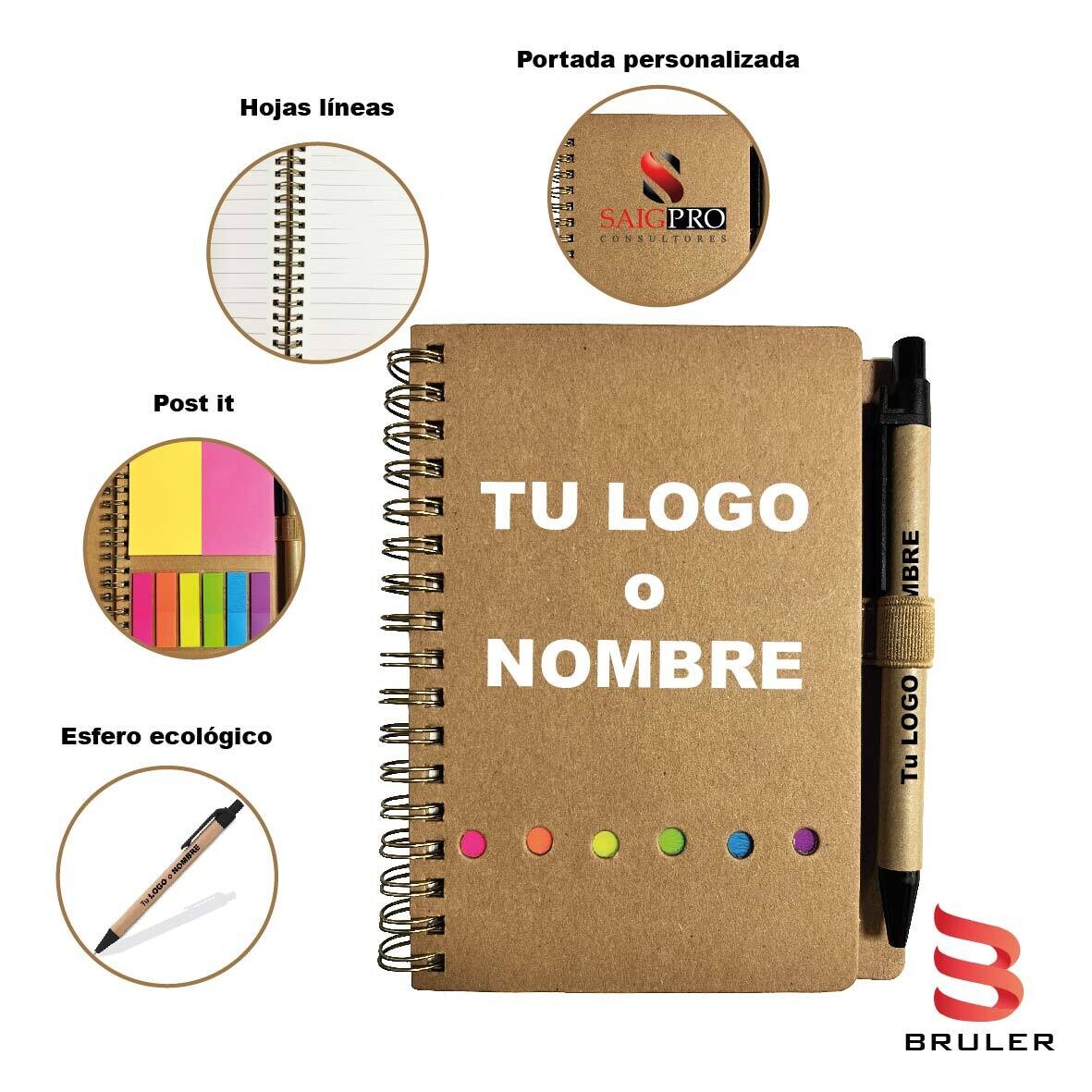 Libreta pasta café A6 con post it hojas líneas con esfero ecológico negro