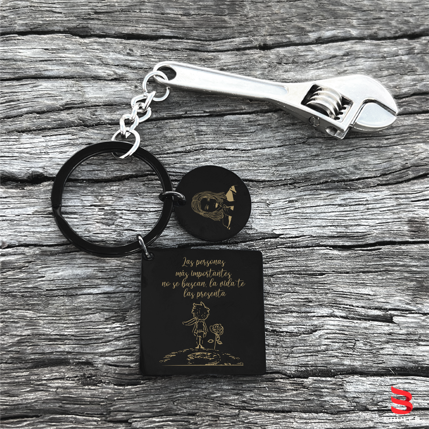 Llavero cuadrado círculo negro + Llave Francesa 3D personalizado