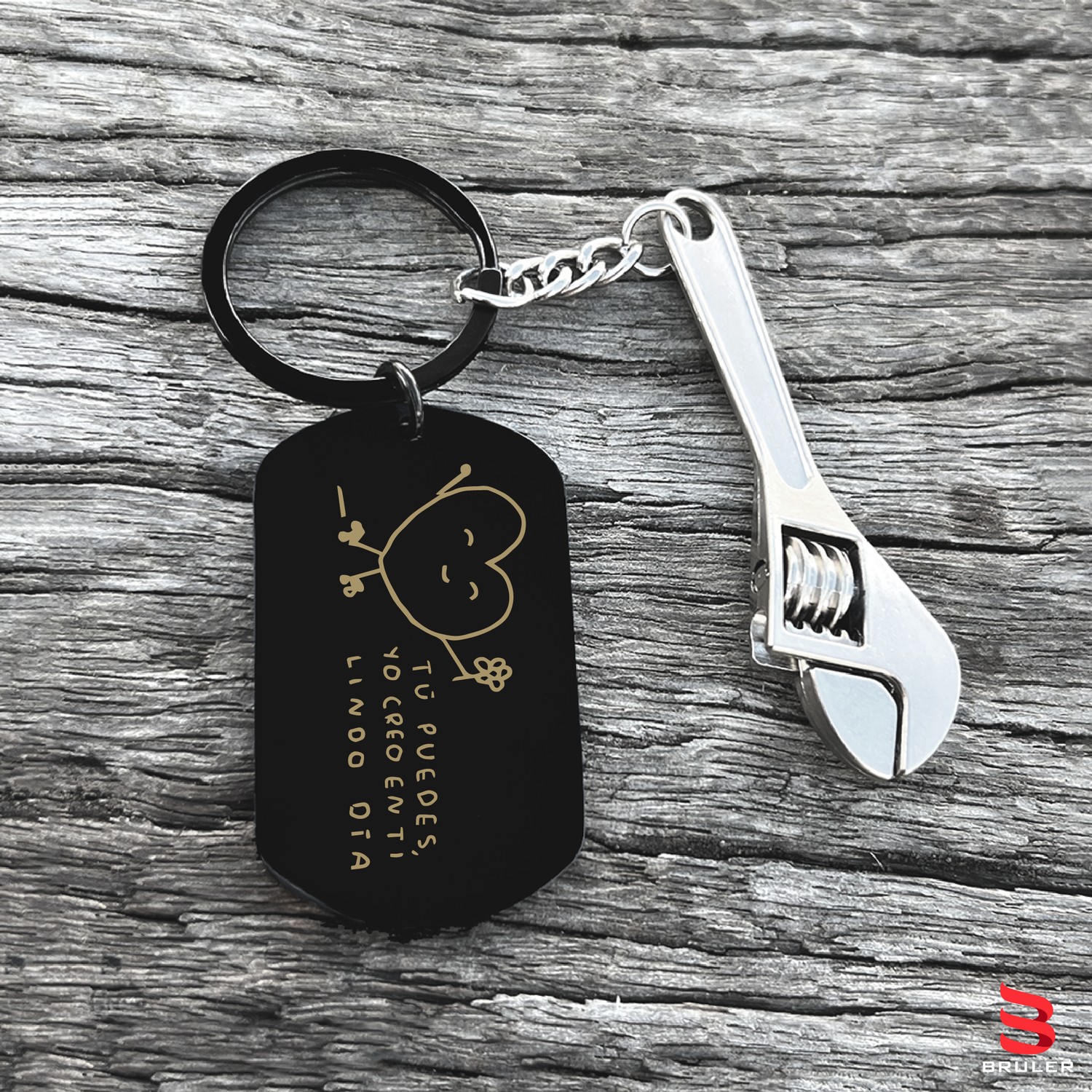 Llavero rectangular grande negro + Llave Francesa 3D personalizado