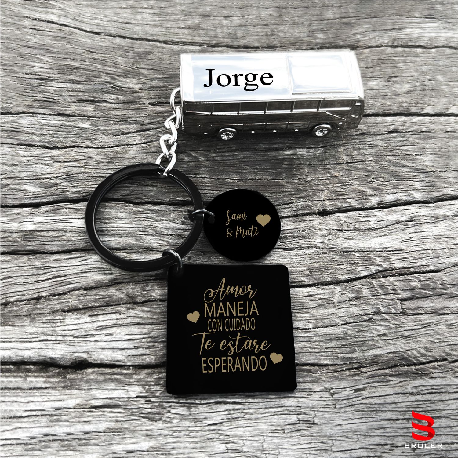 Llavero cuadrado círculo negro + Bus 3D personalizado