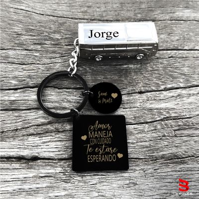 Llavero cuadrado círculo negro + Bus 3D personalizado