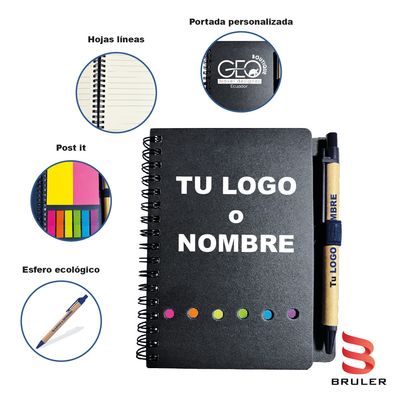 Libreta pasta negra A6 con post it hojas líneas con esfero ecológico