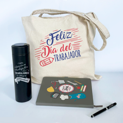 Combo Día del trabajador cuaderno de cuerina A5 + esfero + tumbler digital +bolso de lienzo