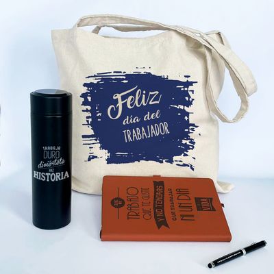 Combo Día del trabajador  cuaderno de cuerina A5 + esfero + tumbler digital +bolso de lienzo