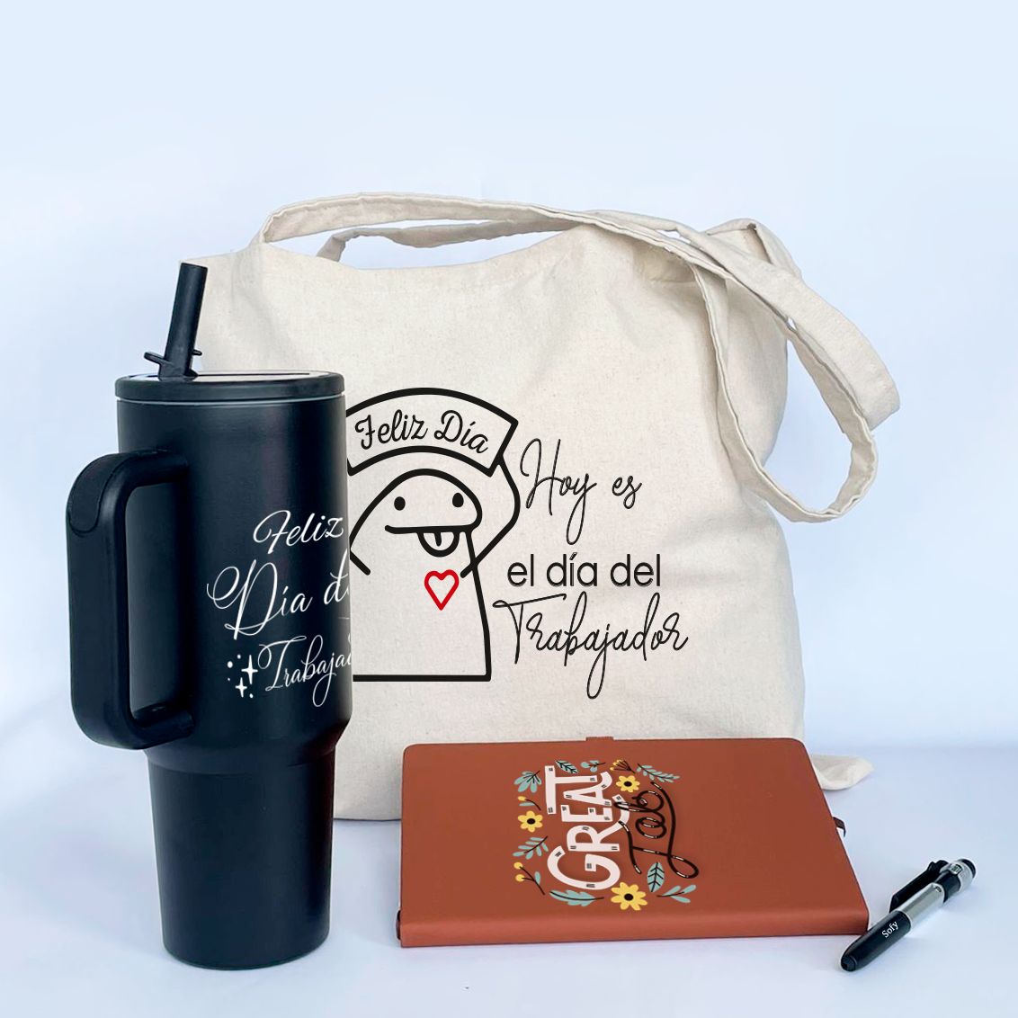Combo Día del trabajador  cuaderno de cuerina A5 + esfero + tumbler 40 oz +bolso de lienzo