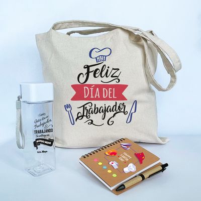 Combo Día del trabajador Libreta pasta café A6  + tomatodo tapa blanca +bolso de lienzo