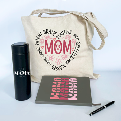 Combo Día de la Madre  cuaderno de cuerina A5 + esfero + tumbler digital +bolso de lienzo