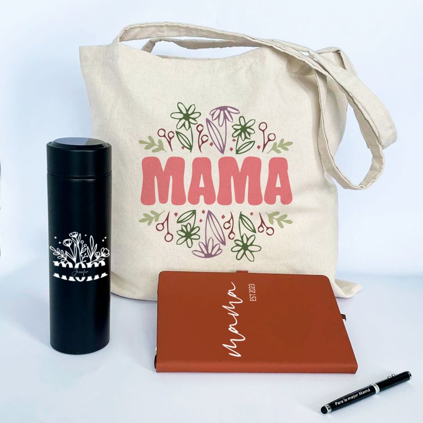 Combo Día de la Madre  cuaderno de cuerina A5 + esfero + tumbler digital +bolso de lienzo