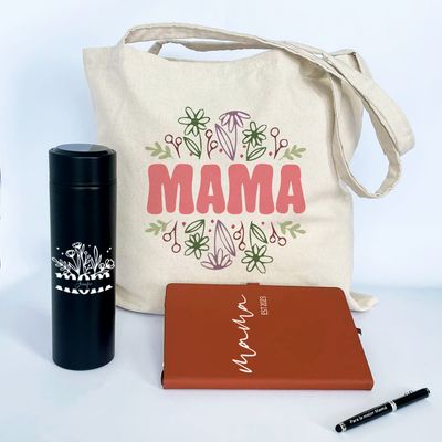 Combo Día de la Madre  cuaderno de cuerina A5 + esfero + tumbler digital +bolso de lienzo