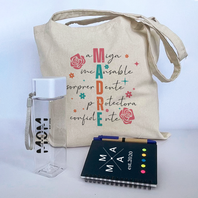 Combo Día del la Madre Libreta pasta café A6  + tomatodo tapa blanca +bolso de lienzo