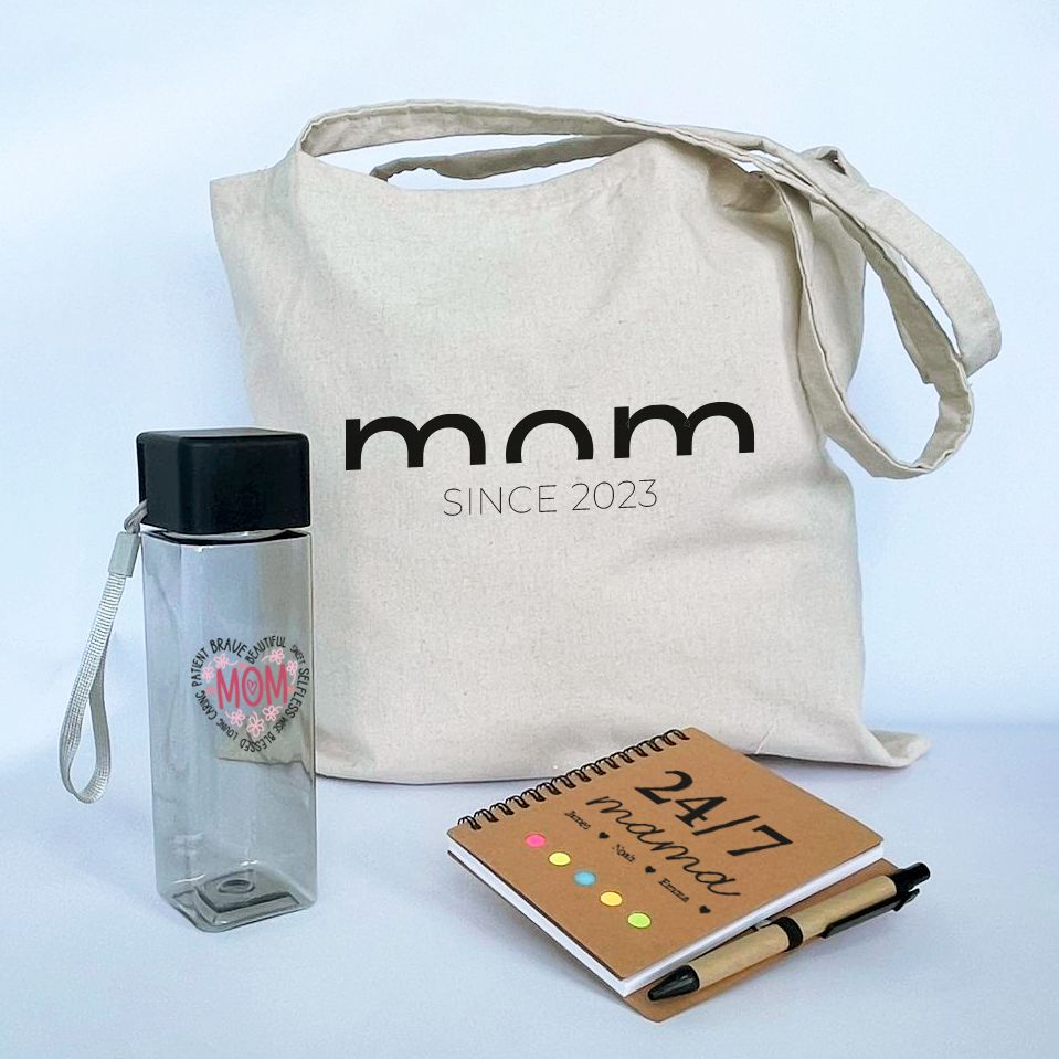 Combo Día de la Madre Libreta pasta café A6  + tomatodo tapa blanca +bolso de lienzo