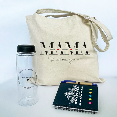 Combo Día de la Madre Libreta pasta café A6  + tomatodo tapa redonda+bolso de lienzo