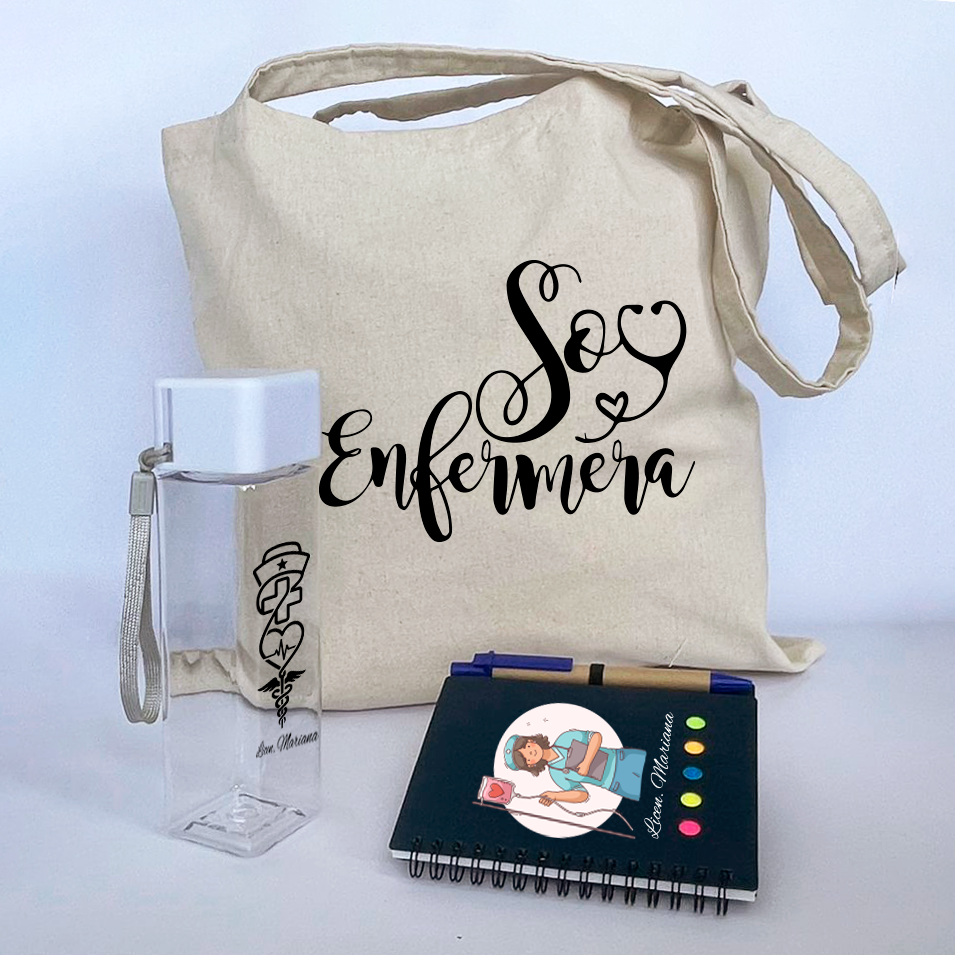 Combo Día del Enfermero Libreta pasta azul A6  + tomatodo tapa blanca +bolso de lienzo