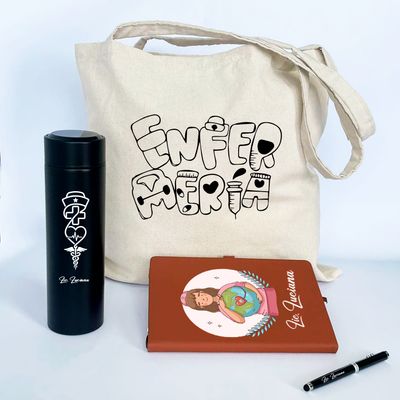 Combo Día del Enfermero  cuaderno de cuerina A5 + esfero + tumbler digital +bolso de lienzo