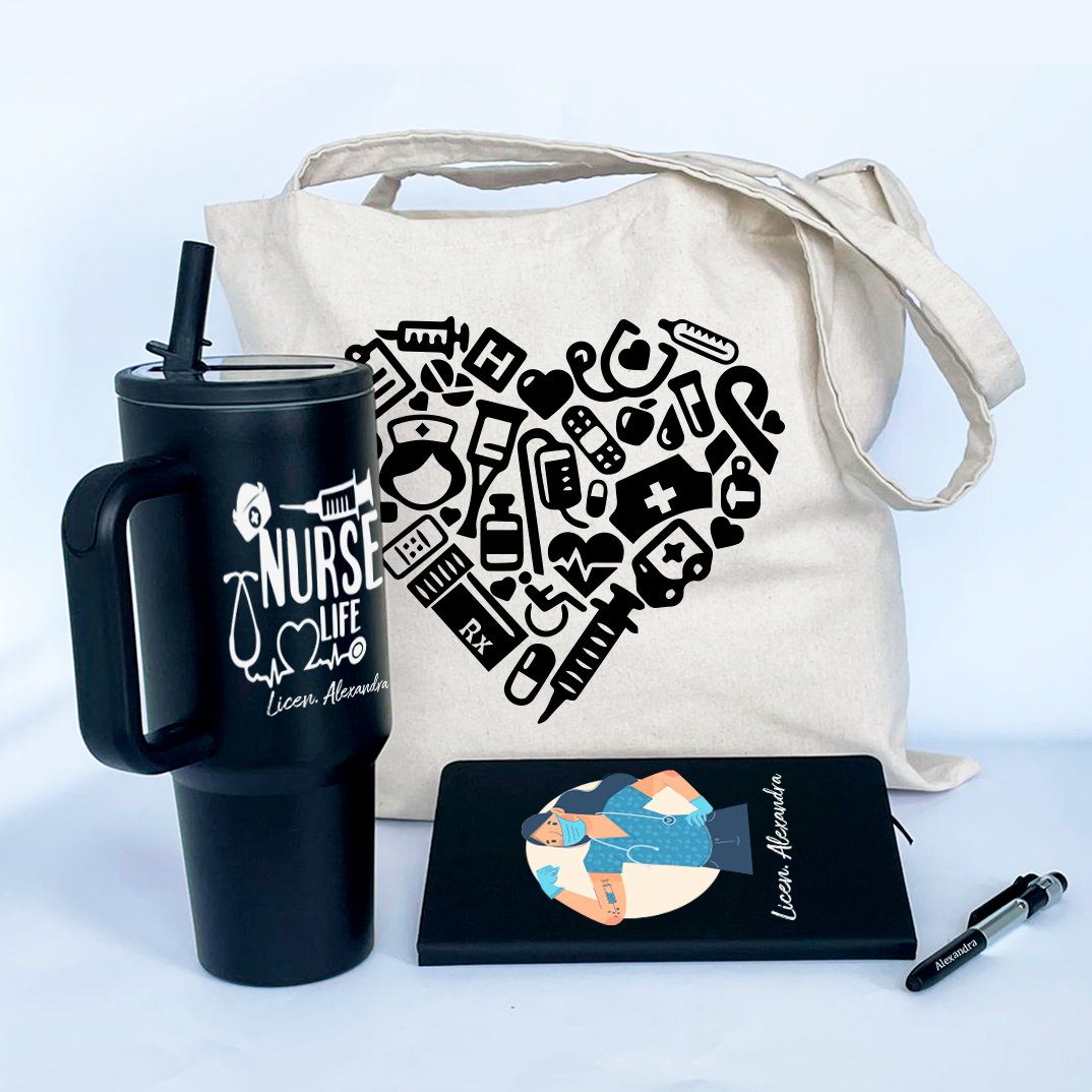 Combo Día del Enfermero  cuaderno de cuerina A5 + esfero + tumbler 40 oz +bolso de lienzo