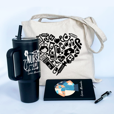 Combo Día del Enfermero  cuaderno de cuerina A5 + esfero + tumbler 40 oz +bolso de lienzo