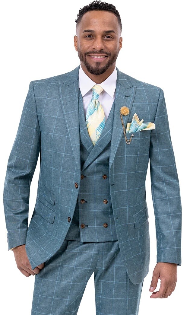 Teal Fashion 3 pcs T/R Window Pane Suit, EJS: 38 Regular Waist 32