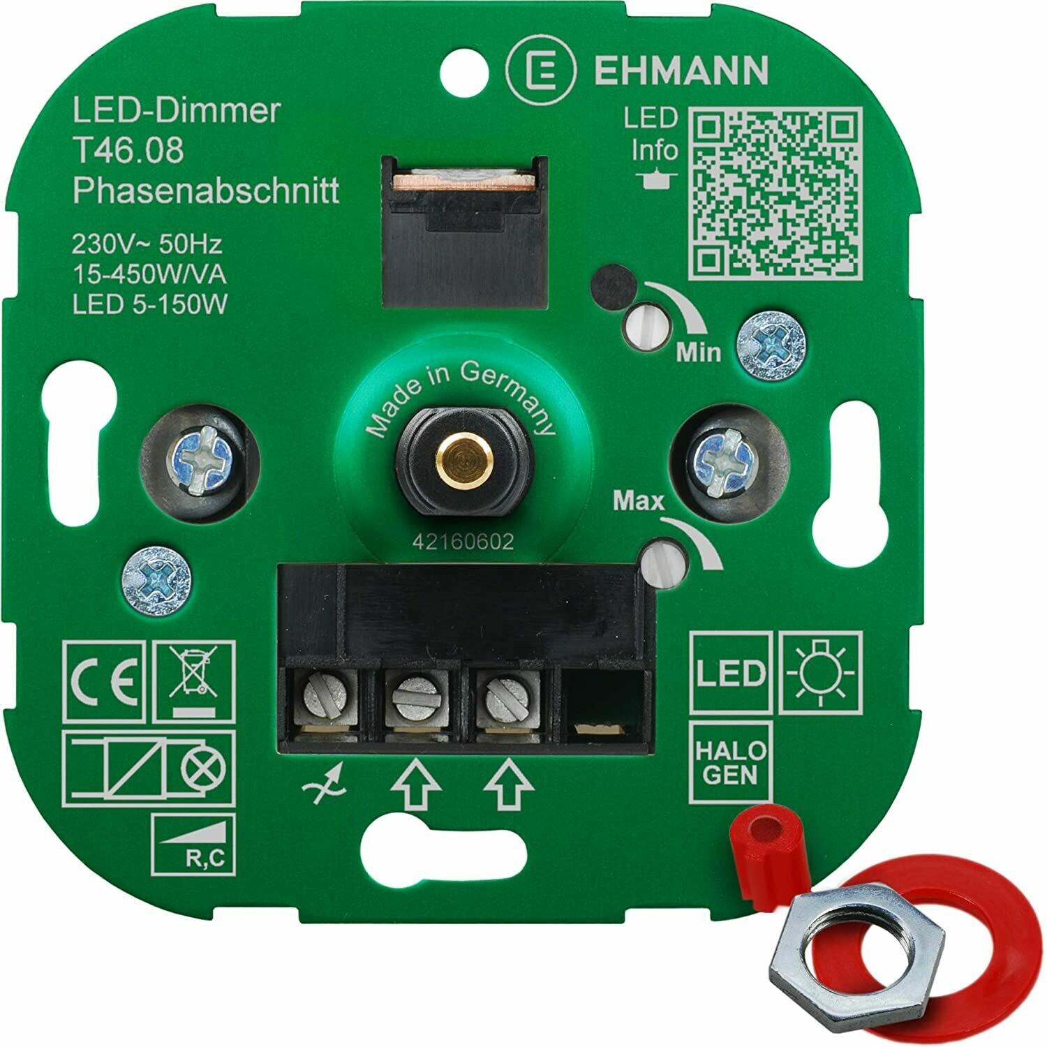 EHMANN 4600x0800 T46.08 Unterputz-Dimmer, Phasenabschnitt, 230 V, 50 Hz, Leistung: LED 5-150 W, 15-450 W/VA, inkl. Schalterprogramm-Adapter