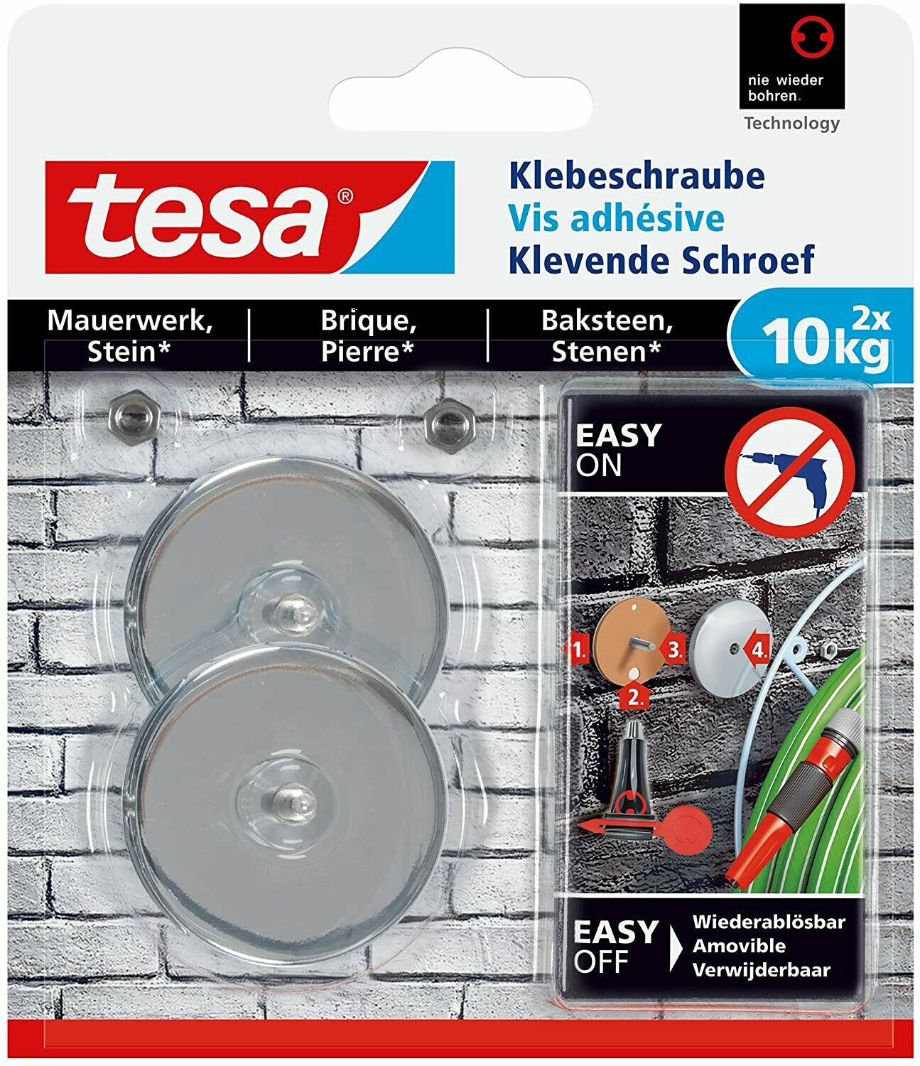 tesa Klebeschraube für Mauerwerk und Stein, Halteleistung 10 kg, rund, 2 Stück in der Verpackung
