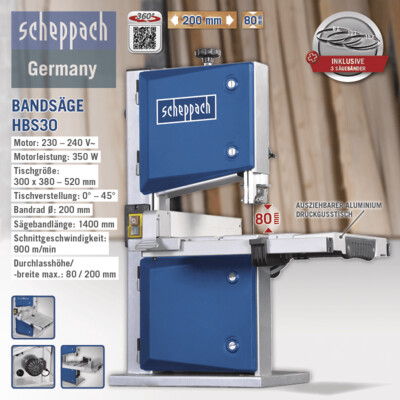 Bandsäge HBS30 scheppach - 230-240V 50Hz 350W - 80mm