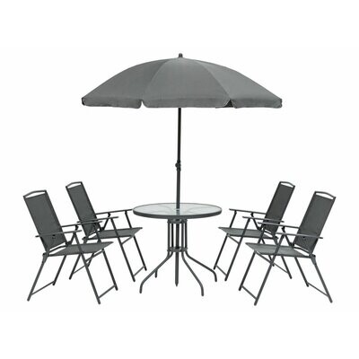 Sitzgruppe, 6-teilig, mit Tisch und Schirm