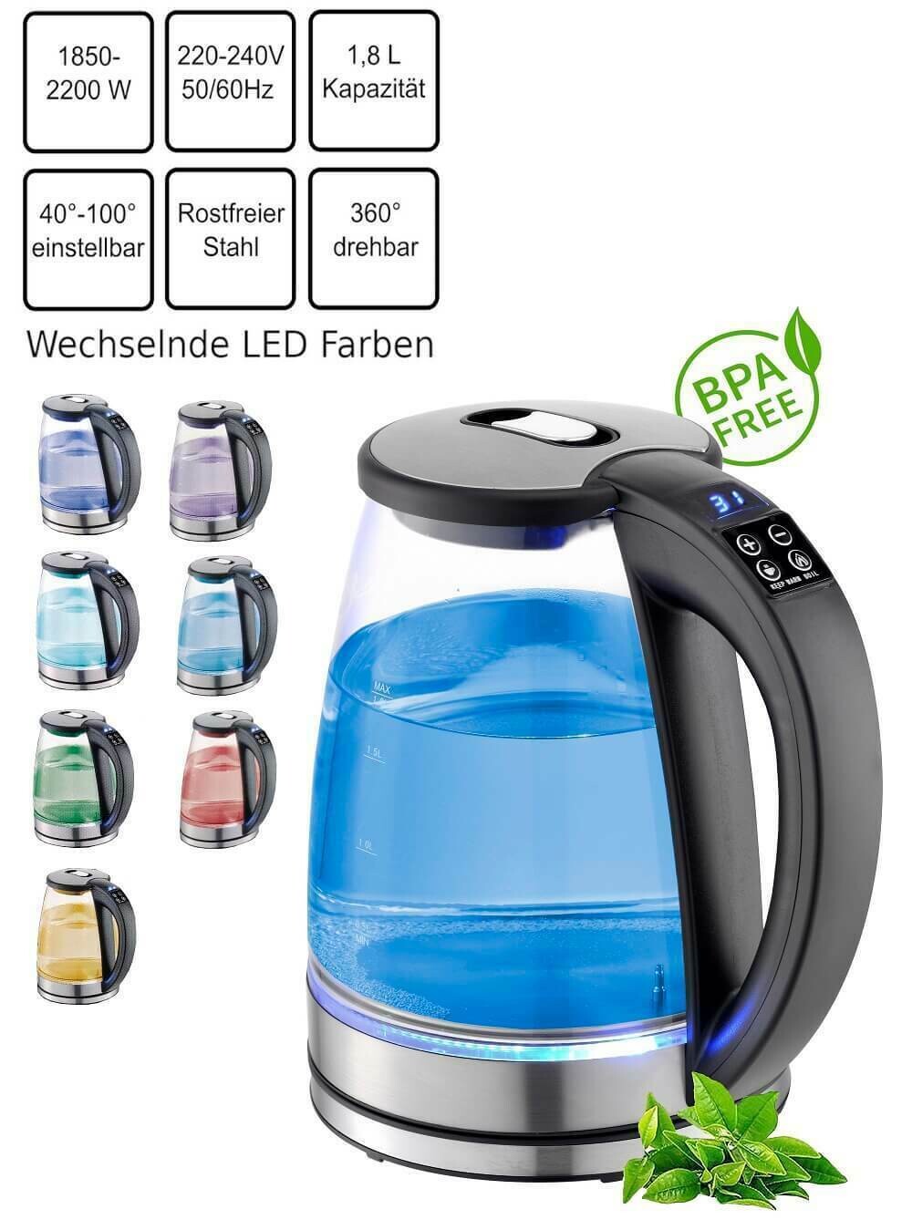 Wasserkocher mit Temperaturwahl 2.200 W Glas Edelstahl BPA FREI LED Beleuchtung 