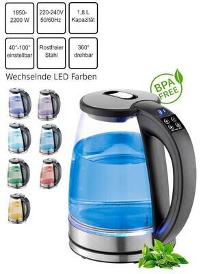 Edelstahl Glas Wasserkocher mit Temperaturwahl 2.200 Watt LED Beleuchtung Edelstahl Glas Wasserkocher mit Temperaturwahl 2.200 Watt LED Beleuchtung