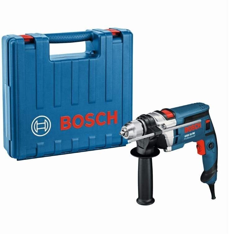 Bosch Professional GSB 16 RE Schlagbohrmaschine + Schnellspannbohrfutter 13 mm + Tiefenanschlag 210 mm + Zusatzhandgriff + Koffer (750 W)