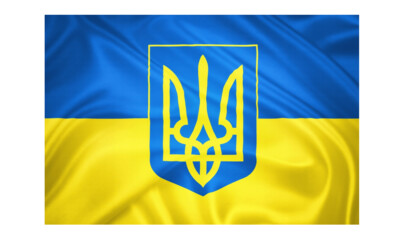 Ukraine Fahne 112x75 im Tunnel genäht für Fahnenstock mit Symbol