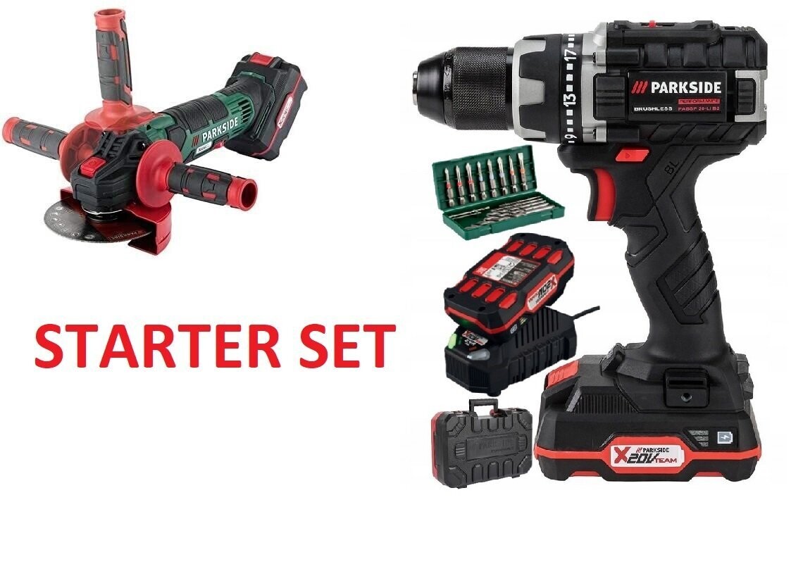Starter Set PARKSIDE PERFORMANCE Akkubohrschrauber Performance 20 V PABSP 20 Li B2 & Parkside PWSA 20-Li Winkelschleifer