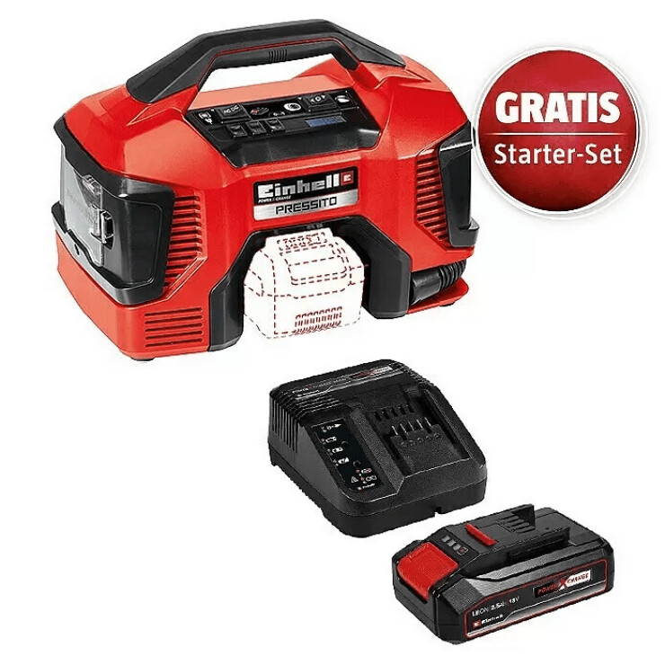 Einhell Akku-Kompressor PRESSITO Power X-Change (Li-Ion, 18 V, max. 11 bar, 710 mm Schlauchlänge, Hochdruck-, Niederdruckpumpe, inkl. 3-tlg. Adapter-Set, 2,5AH Akku und Ladegerät) Einhell Akku-Kompressor PRESSITO Power X-Change (Li-Ion, 18 V, max. 11 bar, 710 mm Schlauchlänge, Hochdruck-, Niederdruckpumpe, inkl. 3-tlg. Adapter-Set, 2,5AH Akku und Ladegerät)