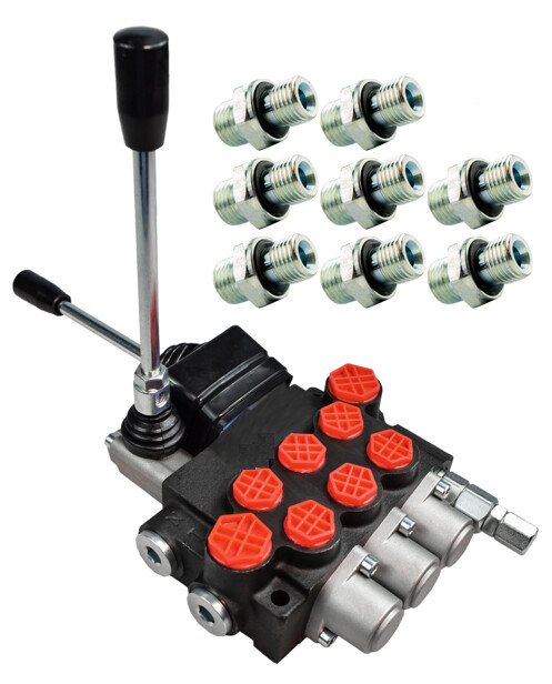 hydraulischer Verteiler 40 l gesteuert durch einen Joystick und einen Hebel mit Anschlussstücken
