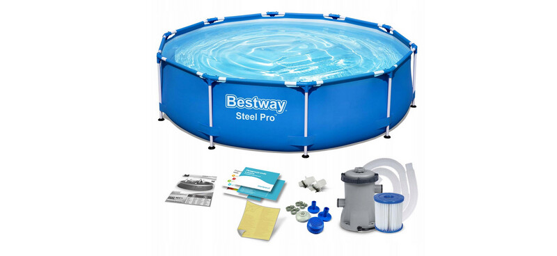 #TAGESDEAL# Bestway Steel Pro Frame Pool 305 x 76 cm mit Pumpe rund blau XXXL Starter Set