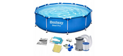 #TAGESDEAL# Bestway Steel Pro Frame Pool 305 x 76 cm mit Pumpe rund blau XXXL Starter Set