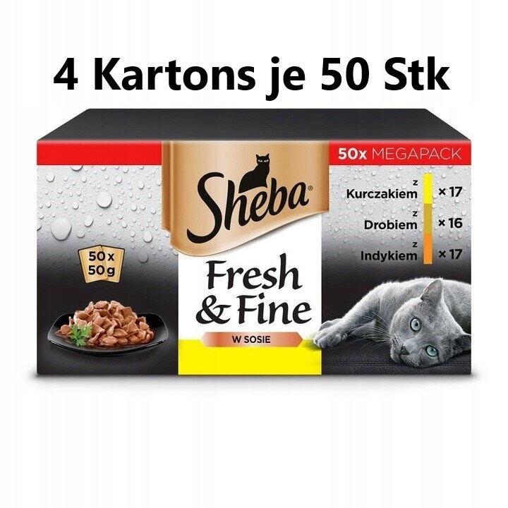 SHEBA Fresh&Fine 200 x 50 g Nassfutter Katzenfutter Saucenbeutel mit Huhn, Geflügel und Pute